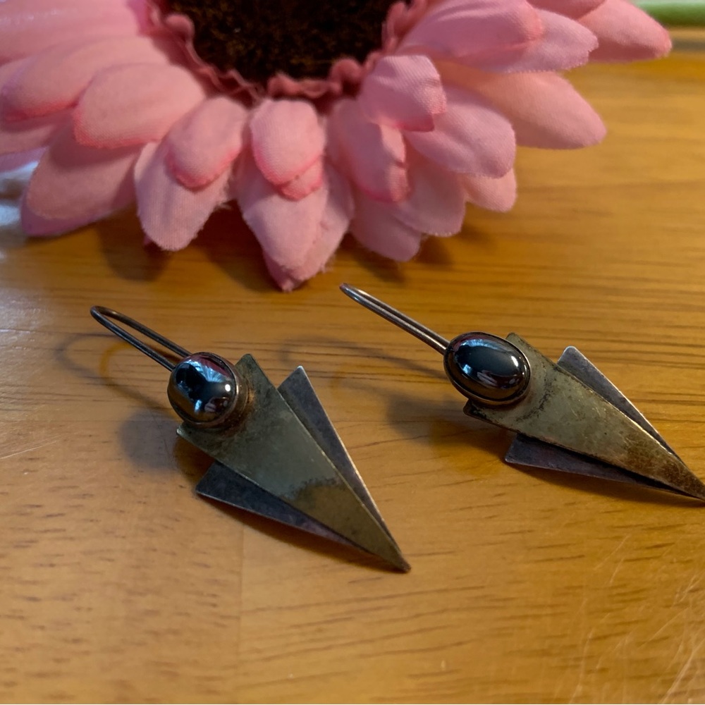 Vintage sterling silver dangle drop earrings in geometric design